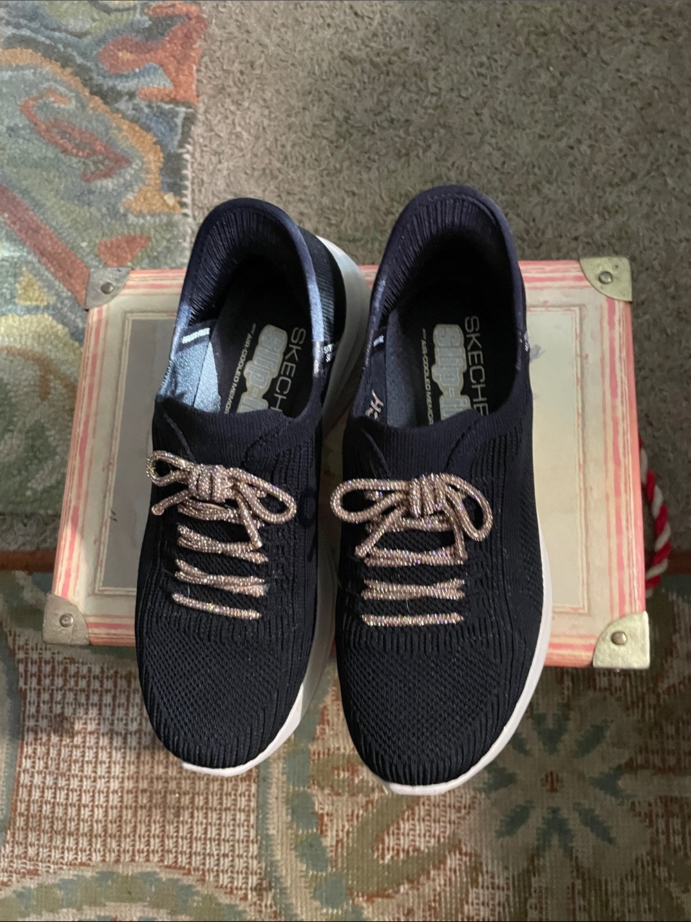 Skechers Black Knit Slip-On Sneakers with Rose-Gold Laces